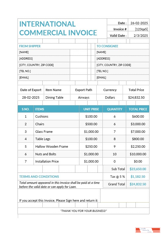 International Commercial Invoice Template PSD template